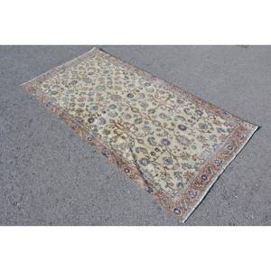 Vintage Turkish Rug Classic Beige Blue 3.9 X 7.5ft Handmade Wool Patchwork Rectangular Hallway Design for Living Bedroom Latex - Product Image 2