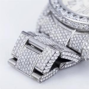 Montre automatique mécanique de luxe avec cadran en or blanc 41 mm, diamants Moissanite, verre saphir, fermoir caché et perles noires BPJ1193-1 - Product Image 3