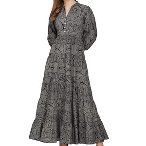 Sati Factory femmes décontracté été Maxi robe col en v manches longues noir gris Paisley motif chute de taille à plusieurs niveaux Flare - Product Image 1