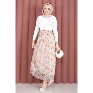 For Cream Floral Patterned <b>Elastic</b> Waist Chiffon Tulle <b>Skirt</b> with Soft Print Decoration - Product Image 4