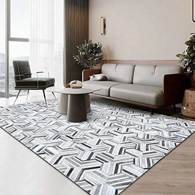 Tapis en cuir à rayures et patchwork Think Arrow Stripe patché en cuir de vachette Tapis gris-cousu à la main avec support dorsal Décoration intérieure