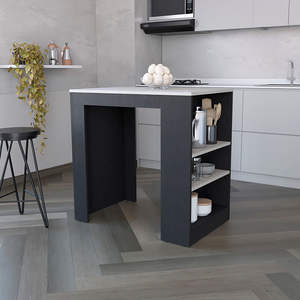 Carrito de Cocina Doyle con Tres Estantes Laterales, Negro/Madera de Roble, Isla de Cocina de Mármol Ibiza - Product Image 1