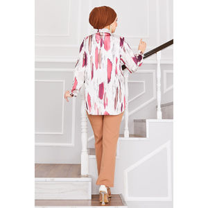 Túnica Estampada de Satén Borgoña para Mujer, Talla XL, Material de Lino y Viscosa, Estilo Casual, Top Corto, Estampado Tejido para Primavera Verano - Product Image 4