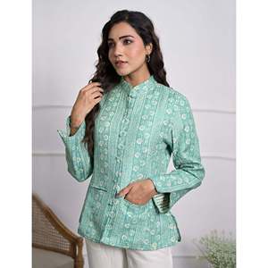 Silk Block Printed Reversible Winter <b>Jacket</b> with Button Decoration - Product Image 2