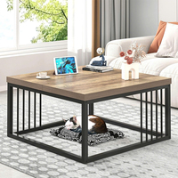 Mesa de centro cuadrada moderna, mesa de centro de madera rústica y metal para sala de estar o salón