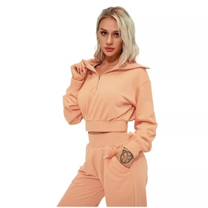 GAF Women's Cropped Sweatshirts Half Zip up Crop Hoodies Women Loose Grey Pullovers Female Crop <b>Tops</b> - Product Image 2