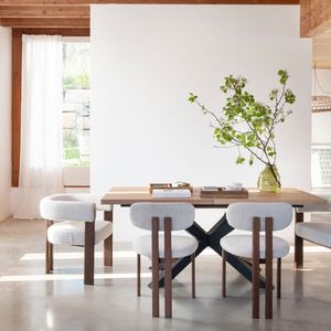 Chaise de salle à manger nordique moderne de luxe en bois massif tissu boucle blanc pour la maison hôtel appartement ou salle de sport - Product Image 4