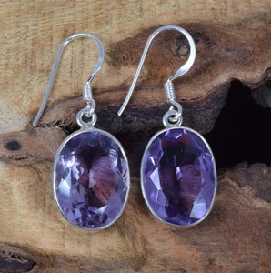 Pendientes de estilo bohemio de Plata de Ley 925 hechos a mano, piedras preciosas de amatista curvadas, patrón de paz, ajuste de bisel púrpura Natural para - Product Image 3