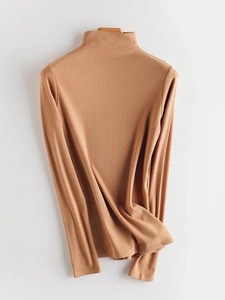 Camiseta de Cuello Alto para Mujer, Otoño Invierno 2024, 100% Algodón Jersey, Mezcla de Seda Real, Mangas Largas, Básica, Lisa, para Usar como Capa Inferior - Product Image 6