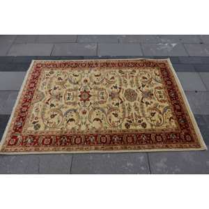 Vintage Turkish Wool Area <b>Rug</b> Red Beige Patchwork Design <b>Large</b> Rectangle 3.9ft X 5.6ft 10mm Thickness Latex for Hallway <b>Bedroom</b> - Product Image 4