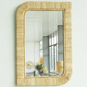高品质优雅风格黄麻矩形镜子，天然黄麻流苏手工墙面装饰，用于家居装饰，越南制造