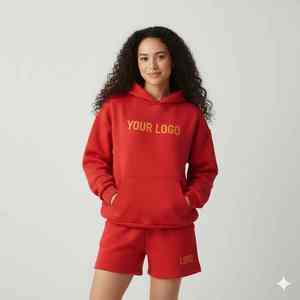 Custom Women's Gym Solid Pattern <b>Canvas</b> Hoodie Set <b>Long</b> Pullover Tops Casual Jogger Shorts for Summer Outfits - Product Image 3