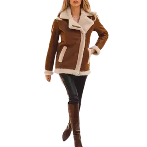 Chaqueta de bombardero con cremallera de cuero de piel de oveja Premium marrón, abrigo con forro de piel de oveja, chaqueta de bombardero para mujer - Product Image 5