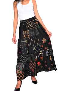 Lo último en Falda acampanada con estampado bohemio elegante para mujeres y niñas para verano, parche largo informal con decoración bordada de cintura elástica - Product Image 6