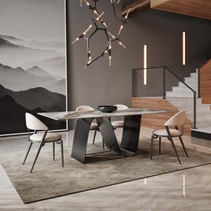 Table à manger contemporaine moderne en marbre blanc, brun et argenté de 260 cm pour 8 personnes, meubles de salle à manger stables - Product Image 2