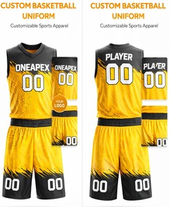 Ensemble d'uniformes de basket-ball sublimés personnalisés |   Maillot et short sans manches jaune et noir |   Vêtements de sport pour équipes OEM - Product Image 1