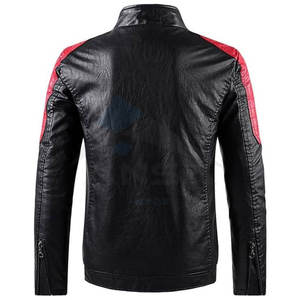 Veste en cuir tendance pour homme, blocs de couleur, col montant, style motard, fermeture éclair intégrale, vêtement d'extérieur d'automne, noir et rouge - Product Image 2