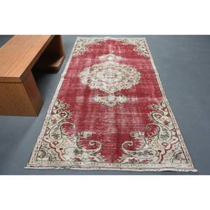 Vintage Turkish <b>Rug</b> 4.4x8.4ft Red Beige Wool Handmade Patchwork <b>Abstract</b> Design 10mm Latex for Entryway Teenagers' Favourite - Product Image 1