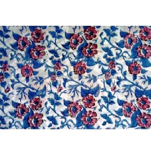 Tissu imprimé à la main 100% coton pur, tissu imprimé à fleurs naturelles indiennes de couleur bleue et rose