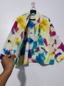 Unisex Handmade Bohemian Cotton <b>Jacket</b> Autumn Tie Dye <b>Kantha</b> Open Front Quilted Raw/Free Edge Printed Short Knitted Breathable - Product Image 5
