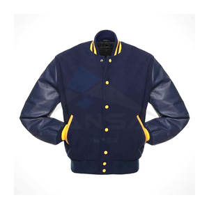 Veste de style baseball bleu marine et jaune, twist universitaire cool, couleur bicolore, boutons-pression ajustables, coton et polyester - Product Image 1