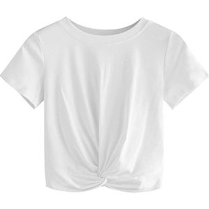 T-shirt blanc torsadé sur le devant pour femme, haut court à col rond et manches courtes, tendance - Product Image 1