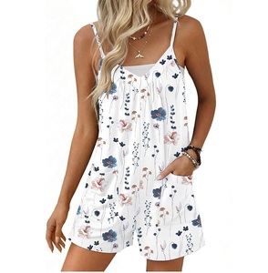 Mono de chifón transpirable con estampado floral para mujer, con tirantes finos, corte holgado, cuello en V, por encima de la rodilla, informal, para playa, primavera y verano - Product Image 1