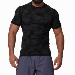 Compression Style Gym <b>T</b>-<b>Shirt</b> Short Sleeve <b>Tight</b> Fit Black Camouflage 100% Cotton Designed for High Intensity Performance - Product Image 1