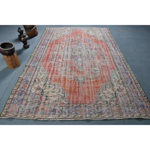 Tapis turc vintage bleu orange fait à la main 6.4x9.8 pieds Patchwork classique Design laine viscose pour salon Latex - Product Image 1
