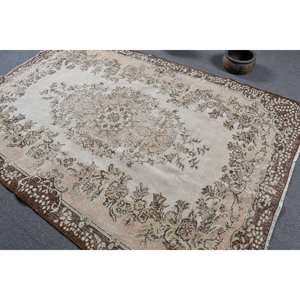 Alfombra Turca Vintage Clásica Beige Marrón 5,8X8,9 FT Hecho a Mano Lana Látex Respaldo Patchwork Diseño Rectángulo Tabriz para Cabecera - Product Image 4