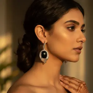 "925 Silver Geometric Dangle <b>Earrings</b> for Women with Black <b>Onyx</b>" - Product Image 1