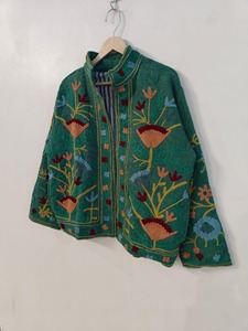 Veste en laine brodée florale bohème verte, col mandarin, manches longues, veste décontractée courte, vêtements d'automne pour adultes - Product Image 3