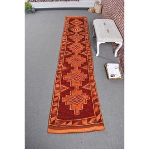 Turkish Vintage <b>Runner</b> Rug 2.6x12.2 ft, <b>Red</b> Orange Plants & trees Wool Rug - Product Image 1