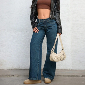 Moda de moda de cintura alta para mujer Jeans de mezclilla Vintage de cintura alta Casual Streetwear Loose Fit pierna ancha - Product Image 2