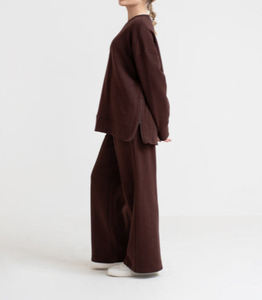 Sweat-shirt à col rond et épaules tombantes en molleton brun foncé pour femmes avec fermeture éclair latérale, sweat-shirts décontractés surdimensionnés, logo personnalisé - Product Image 4