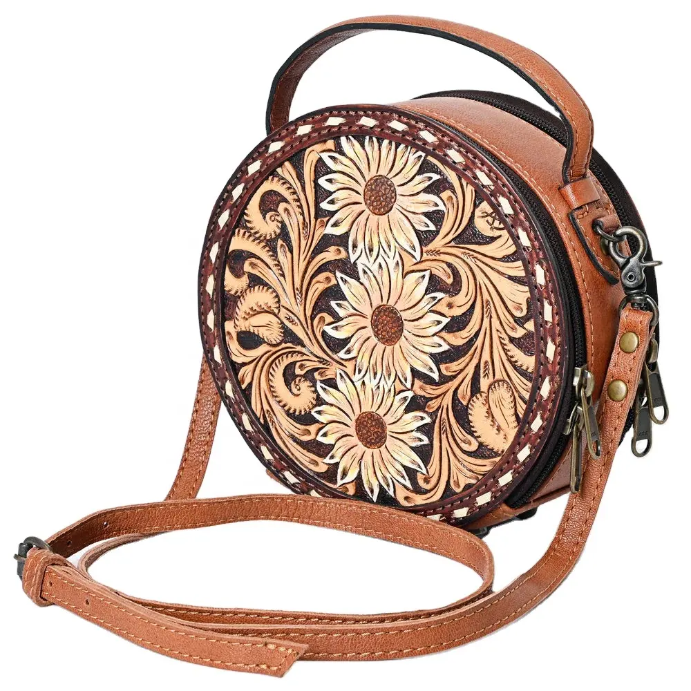 Top Quality leather Crossbody Canteen Bags for Women Sling Satchel Hand-tooled Floral Carving Bag Fringe Purse Conceal Carry Bag