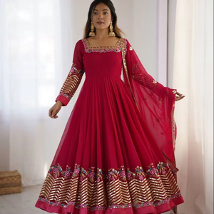 anarkali dress fashion Pure Georgette Handwork Chikankari Antique White Anarkali Suit main image 1