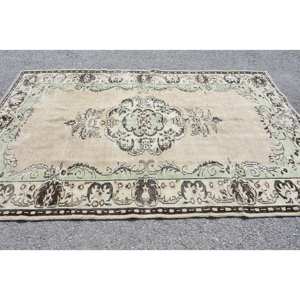 Tapis en Laine Vintage Beige Vert 5.6 X 8.8ft Classique Style Turc Design Patchwork Fait Main pour Chevet Support en Latex - Product Image 3