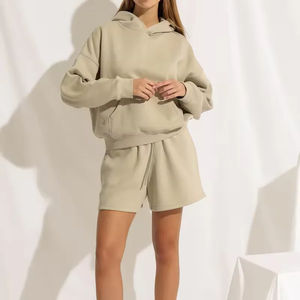 Ensemble de survêtement en coton tricoté décontracté personnalisé, sweat à capuche et short en molleton, haute qualité, tenues oversize pour femmes, 2 pièces, faible MOQ, OEM - Product Image 5