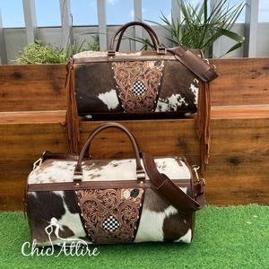 Bolsa de fin de semana de cuero genuino con estampado de cuadros Unisex, conjuntos combinados de bolsa de lona de viaje de piel de vaca, superventas - Product Image 1