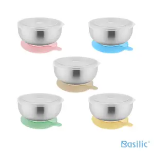 pink/blue/green/yellow, stainless steel bowl with lid for baby training