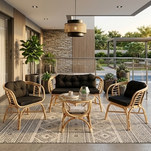 Natural Polished <b>Rattan</b> Garden Furniture Set <b>Sofa</b> Armchairs Glass Coffee Table Black Cushion Patio Setup Room Decor Art Design - Product Image 2
