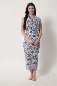 Blue Cotton Sarong Beach Wrap with Buckle/<b>Clip</b> Silk Screen Printed Pareo Dress Summer Swimwear Cover-Up for Women Long Scarf - Product Image 2