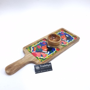 Plato largo de madera de mango hecho a mano con diseño de esmalte y mango incluye tazón de salsa-Platos y platos de Tradebyd - Product Image 2