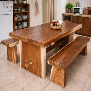 Ensemble de salle à manger de style rustique en bois de suar de luxe, best-seller, table robuste et 2 bancs en bois avec base solide pour meubles d'hôtel - Product Image 3