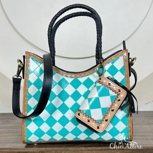 Nouveauté Sac fourre-tout et mini porte-cartes Ensemble assorti de 2 pièces Sac à main en cuir à carreaux fait à la main Sac bandoulière pour femmes - Product Image 1