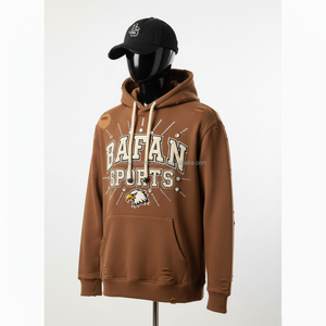 Sweat à capuche en molleton premium 330 GSM, marron, tissu riche en coton doux, style délavé et broderie, sweat à capuche basique - Product Image 3