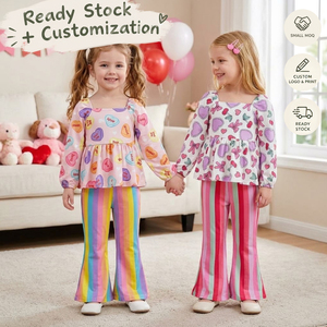 Tenues de Saint-Valentin pour filles, pantalons rayés avec nœud cœur, vêtements pour filles, ensembles de vêtements d'été pour filles, vêtements pour filles OEM/ODM/RTS - Product Image 1