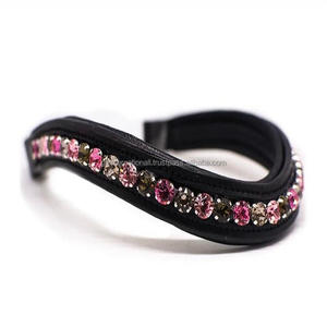 Banda de cuero acolchada para cejas de caballo, hecho a mano diseño personalizado, cosido completo con cristales morados y negros, forma curva, canal vacío - Product Image 4