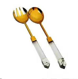 Ensemble de serveurs à salade écologiques avec poignées en acrylique, compatibles lave-vaisselle, manches en acier poli, couverts fourchette et cuillère pour servir la salade et le riz - Product Image 5